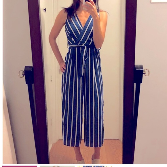 Sienna Sky Pants - Sienna Sky Blue White Striped Jumpsuit Size S